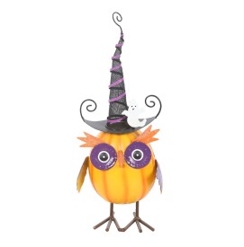 Orangefarbene Metall Eule mit Hexenhut und Geist Halloween